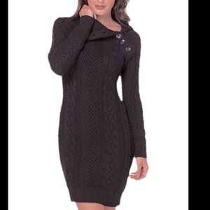 Asymmetric Buttoned Cable Knit Bodycon Mini Sweater Dress